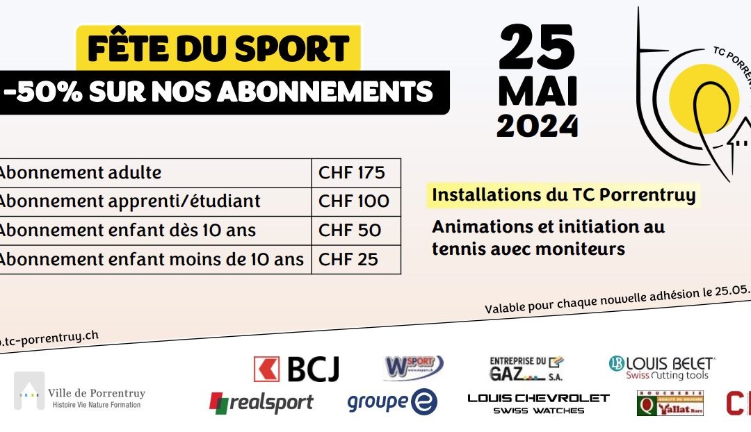 Fête du sport – 25 mai 2024 – 50% sur nos abonnements !
